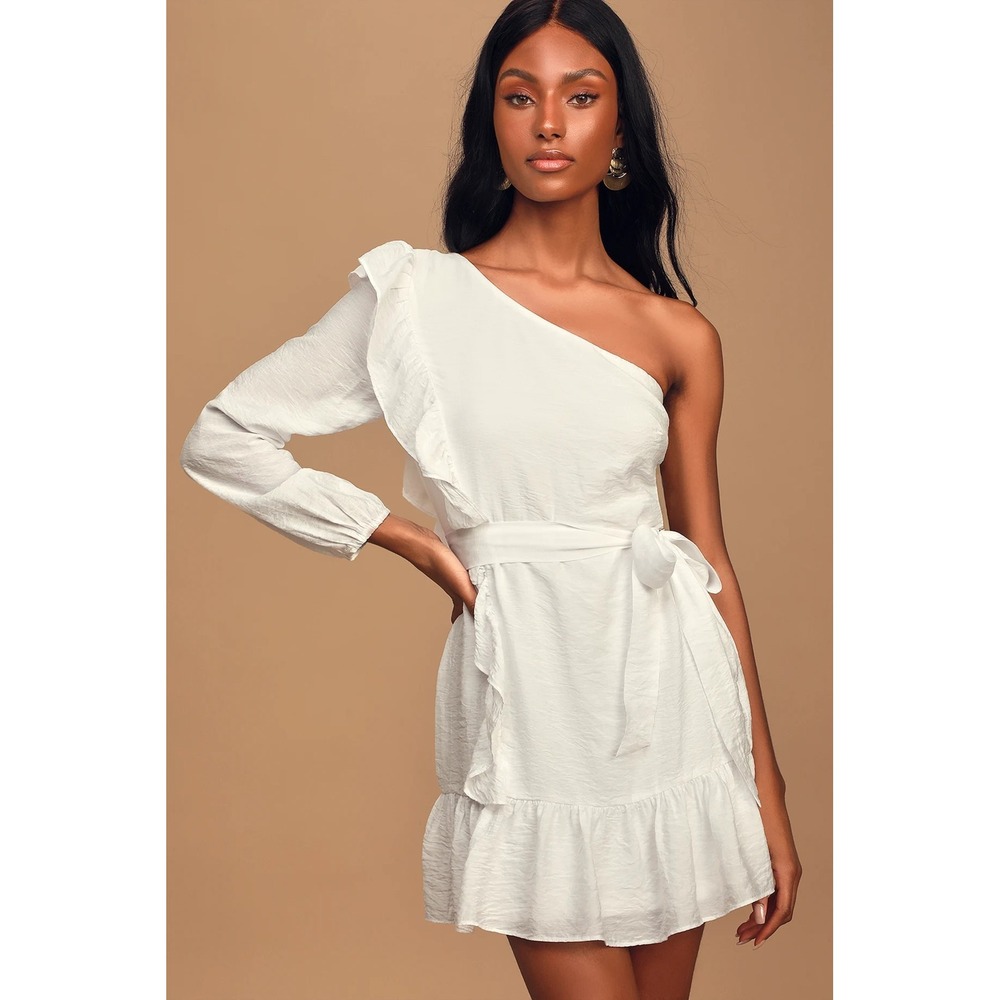 Lulus NWT White One Shoulder Ruffle Mini Dress Small